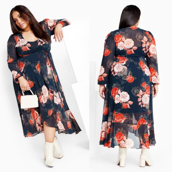 City Chic Dresses & Skirts - NWT City Chic Navy Floral Chiffon Wrap Maxi Dress 22